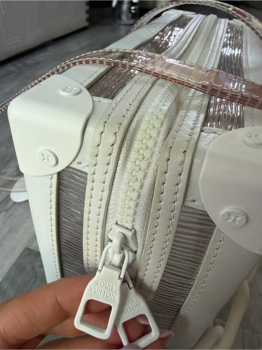 Louis Vuitton White and Silver Sneakers with White and Iridescent Box Bag - Picture 6 of 16